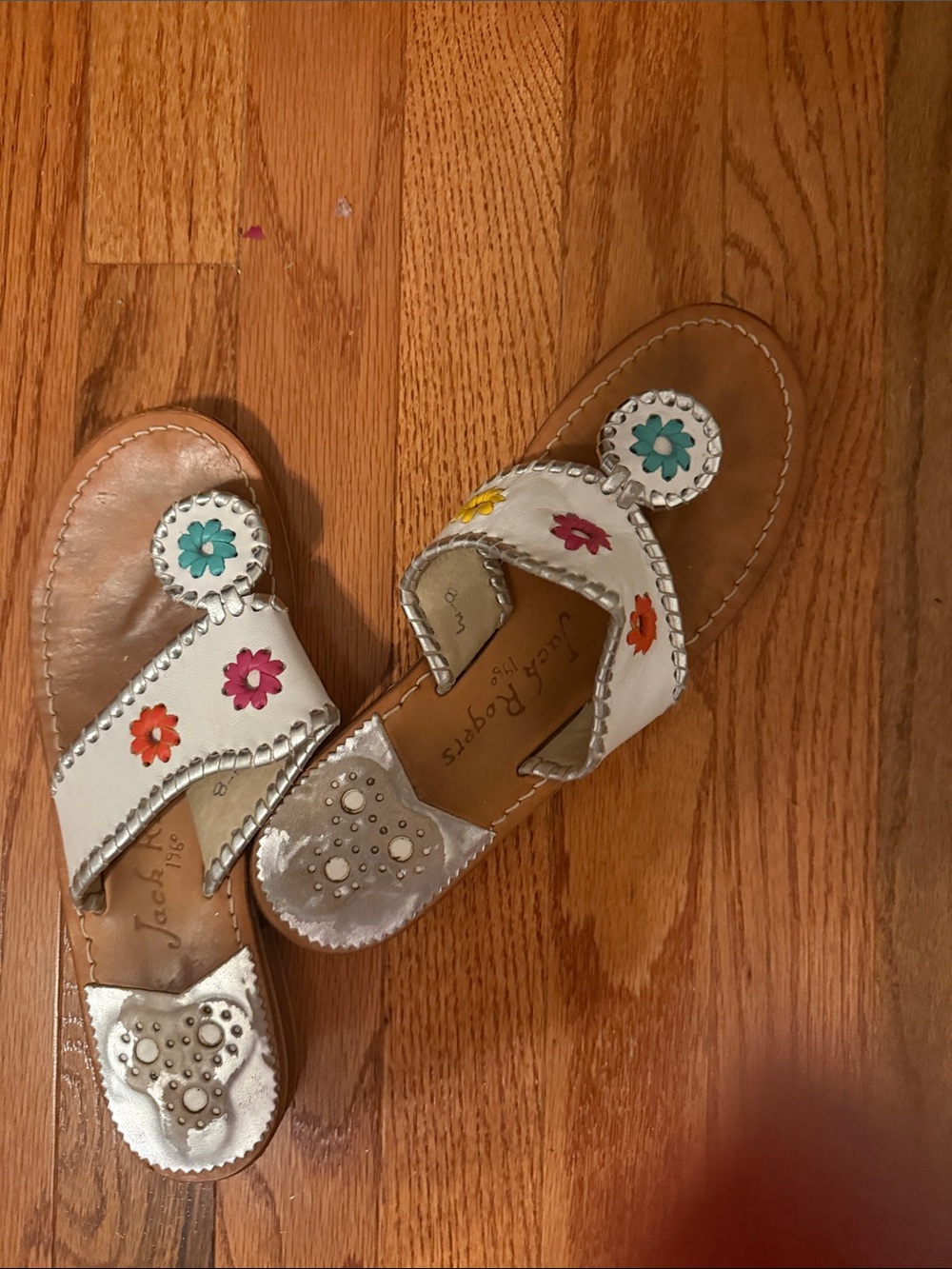 Jack Rogers White Leather Floral Slide Sandals with Multicolor Flowers